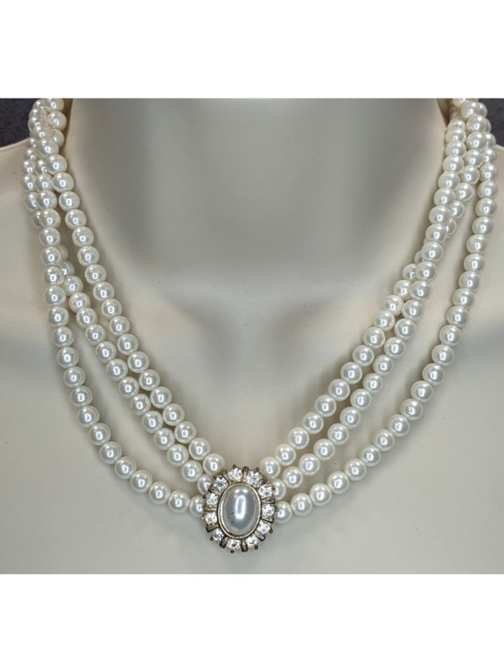 Vintage Faux Pearl Necklace Bracelet Set Rhinestone Victorian Elegance Jewelry - Picture 2 of 14